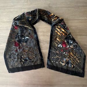 Burnout velvet 100% silk mesh sheer dark floral geometric rolled hem shawl scarf
